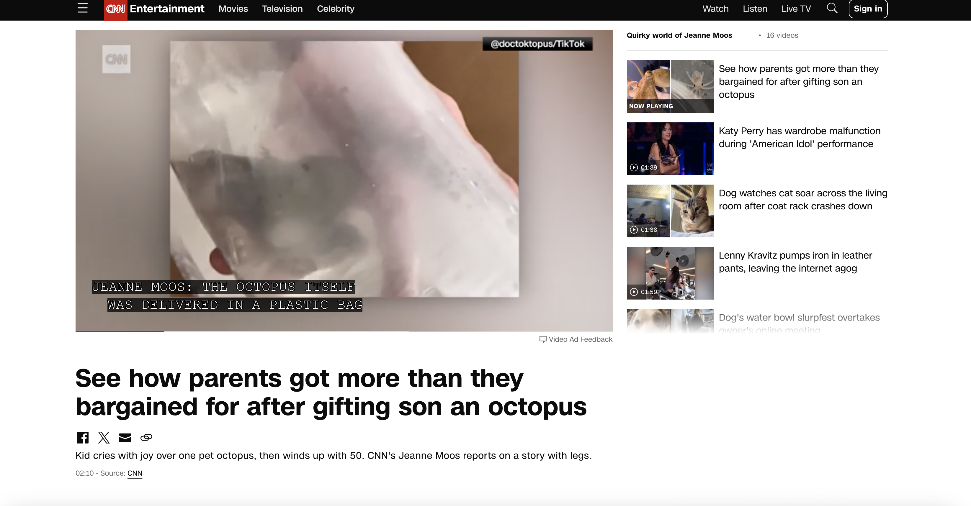 Screenshot of CNN's website displaying a video with Closed Captioning, illustrating perceivable web design.